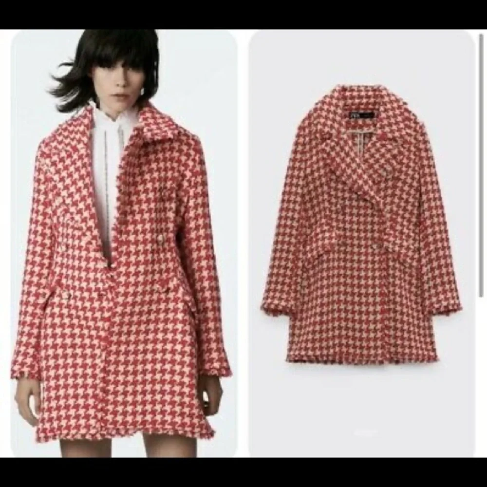 ZARA HOUNDSTOOTH TEXTURED COAT FRAYED TRIMS NEW SIZE S - Picture 10 of 11